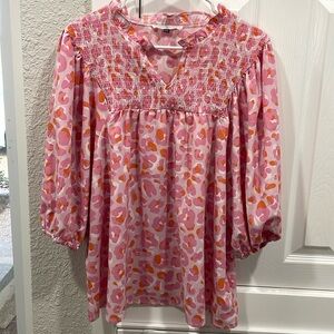 Michelle McDowell Leopard Smocked Bubble Sleeve Shirt